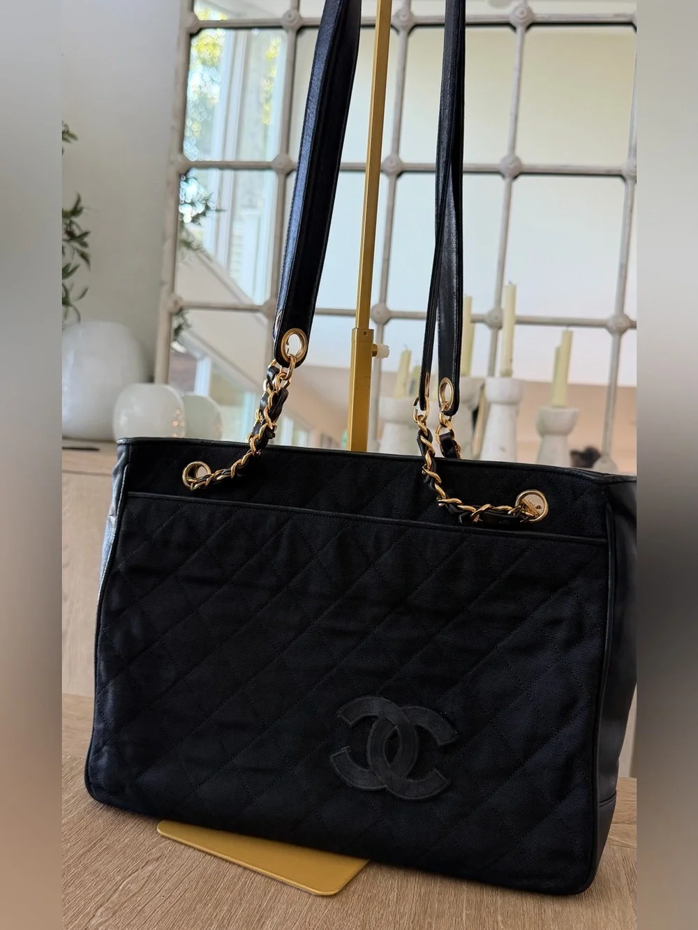 CHANEL Black Quilted Canvas Tote with Gold Chain-Strap
